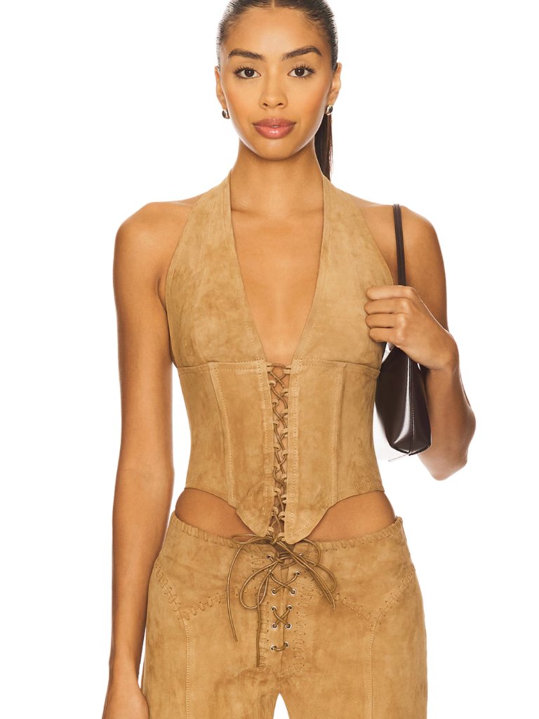 Miaou Bustier Top In Tan Suede Leather Halter Corset Crop Top Medium M